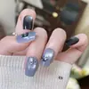 Uñas Postizas Populares de Xiaohongshu en Color Verde Menta Sólido con Puntos y Pedrería, Puntas de Uña Estilo Lujo Ligero Transparente Hielo Que Mejoran el Tono de la Uña