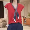 Camiseta de Manga Corta para Mujer con Corbata de Seda 2026 Nueva Ropa de Verano para Mujer Moda Coreana Estilo Preppy Camisetas para Mujer Tendencia