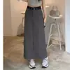 Falda de traje gris para mujer, primavera y verano, longitud media, cintura alta, línea A, falda con abertura, falda larga recta para cadera pequeña