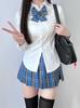 Uniforme JK Estilo Academia Japonesa Camisa Branca de Manga Longa com Decote em V com Design Acinturado, Conjunto Versátil de Saia Xadrez, Sem Amassar e Doce
