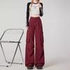 Pantalones de Trabajo Rectos Rojos Ankola Estilo Americano para Mujer, Vintage, Vibe High Street, Diseño Personalizado de Bolsillos Grandes, Jeans de Pierna Ancha
