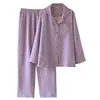 Pijama de Mujer para Primavera y Otoño, Hilo de Algodón Puro Teñido, 100% Algodón, Cardigan de Solapa, Manga Larga, Conjunto de Pantalón Largo, Corte Holgado, Tallas Grandes Ropa de Casa