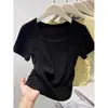 Camiseta Morada de Algodón Puro con Cuello Cuadrado, Corte Entallado, Manga Corta para Mujer, Nueva Llegada de Verano, Color Sólido, Cintura Ceñida, Corta, Hombro Normal