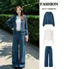 Conjunto Deportivo Casual para Mujer Otoño Estilo Coreano OOTD Atuendo Nuevo Chaqueta con Capucha Azul Pantalones Conjunto de Tres Piezas