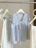 Camisa Feminina Renda Estilo Coreano Falsa Duas Peças Manga Curta Decote V, Blusa Patchwork Estilosa, Babydoll Casual Elegante