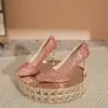 Estilo Francés Color Champán Impermeables Plataforma Tacones Altos Zapatos de Boda Xiuhe para Mujer Lentejuelas de Cristal Zapatos de Boda Tacón de Aguja Boca Baja Zapatos Simples de Una Sola Capa