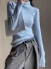 Camiseta Base de Punto Azul de Media Cuello Alto para Mujer, Temporada Primavera 2026, Suéter Ajustado