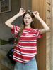 Camiseta de Manga Corta Retro Americana a Rayas Rojas para Mujer, Nuevo Verano 2026, Top Holgado Casual Bordado