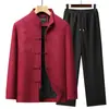 Traje Tang para Hombres de Mediana Edad y Mayores Chaqueta de Papá con Bordado de Dragón Estilo Chino Botón Conjunto de Dos Piezas Otoño e Invierno