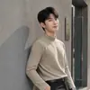 Camiseta masculina de manga longa, espessa para aquecimento no outono e inverno, gola alta parcial, camada interna, estilo coreano, efeito emagrecedor, top de base feminina