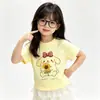 Top infantil lateral fruncido de estilo suave y lindo, estampado de Cinnamoroll y Kuromi, dobladillo de encaje, camiseta de manga corta para niñas
