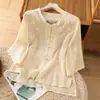 Camisa de algodón y lino con botones estilo chino vintage para mujer, top elegante de algodón y lino bordado de verano, talla grande, blusa tipo vestido de té de manga media