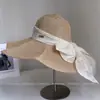 Sombrero de Paja con Visera Retro y Lazo de Gasa Ligera para Mujer, Sombrero de Pescador de Ala Ancha para Protección Solar de Verano para Vacaciones y Salidas a la Playa