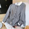 Foto Real de Camisa de Manga Larga de Algodón Hilo Doble Cuadros Pequeños Coreana 25 para Mujer, Nuevo Top Holgado que Reduce la Edad, Camisa Ajustada para Mujer