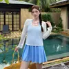 Trajes de Baño para Mujer Tallas Grandes al por Mayor, Pareo Estilo Vestido de Una Pieza a Cuadros de Estilo Fresco, Traje de Baño de Manga Larga con Protección Solar para Mujeres Ligeramente Gorditas
