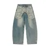 Jeans Scimitar com Design de Patch de Estrela Retro Americano para Homens e Mulheres 2025 Calças Largas Lavadas Desgastadas Wide-Leg