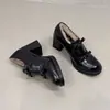 Textura de piel de vaca~Punta redonda tacón grueso lazo Mary Jane zapatos pequeños de cuero para mujer, mocasines retro de tacón alto sin cordones