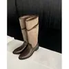 Botas altas Lancui, estilo retro, en un hermoso diseño de bloques de color marrón, con punta redonda, tacón grueso y silueta de bota western, botas de caña larga, botas de montar de caña alta para mujer