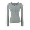 Camiseta Manga Longa Botão de Cinco Garras Gola Henley Retrô Feminina 26 Outono Nova Versátil Cor Sólida Slim Fit Gola Redonda Camada de Base