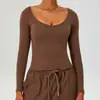 Estilo Novo Outono e Inverno Nude Quente Slim Manga Longa Roupas de Yoga para Mulheres Fitness ao Ar Livre Decote V Grande Top Duas Formas Uma Manga