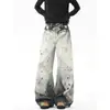 Jeans com Estampa Graffiti Salpicado Estilo Americano Mulheres Homens Outono High Street Senso de Design Silhueta Calças Cimitarra Marca Tendência Vibe Calças de Pernas Largas