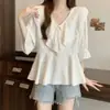 Camisa de Gasa con Cuello Volante y Mangas Tres Cuartos Nueva de Verano para Mujer Talla Grande, Top Holgado Adelgazante y Versátil que Cubre el Vientre