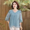Novo Conjunto Bordado Chinês de Duas Peças Terno para Mãe Camiseta de Verão para Mulheres de Meia-Idade Camisa Fina de Chiffon Baita Guofeng suit