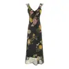 Vestido Floral Longo Fresco e Elegante Estilo Francês com Gola V Franzida para Mulheres, Verão, Ajustado na Cintura, Slim-Fit, Deslumbrante