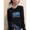 Camiseta de manga larga acanalada de algodón puro azul marino, nuevo estilo 2026, top elegante para mujer de principios de otoño, extremadamente atractivo