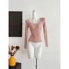 Ropa única y hermosa: Camiseta base de punto de manga larga con cuello en V para mujer, suéter de capa interior para otoño e invierno, top puro y sexy de corte ajustado