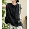 Camisa de Lino Negra para Mujer 2025 Nuevo Verano Top Delgado Holgado Temperamento Camisa de Manga Corta Verano