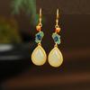 Yue Erxin Plata Esterlina S925 Hetian Jade Jade Hoja de Loto Flor de Loto Pendientes Distintivos para Mujer Pendientes Chapados en Oro Pendientes Color Block