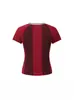 Camiseta Feminina Patchwork Estilo Americano Picante com Decote V e Manga Curta, Verão 2026, Slim Fit, Ajustada na Cintura, Inspirada em Jersey, Top com Design Único