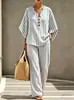 Novo Conjunto Casual de Listras com Decote em V para Mulheres 2026, Conjunto de Duas Peças com Calças de Pernas Largas Soltas de Verão, Tendência de Moda Estilo Europeu e Americano