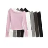 Ds25172-25 Estilo Inverno Curto Ombro a Ombro Slim Manga Longa Camiseta Top Estilo Coreano Slim Fit Liso Ombro Inclinado
