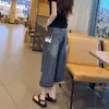 Jeans largo rasgado plus size para mulheres, estilo fino de verão 2026 novo modelo, calça reta cropped solta que emagrece para mulheres plus size