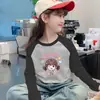 Estilo Coreano Mistura de Lã Raglan Manga Longa Casual Camada Base Top Outono Inverno Meninas Fashionável Doce Estiloso Desenho Animado Gola Redonda Camiseta