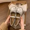 Sapatos Mary Jane de Balé Prateados para Mulheres Verão 2025 Novo Estilo Francês Sapatos Baixos com Laço com Aumento Oculto de Altura Sapatos de Couro JK