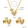 Joia Versátil da Moda com Strass Coroa Fresca Pingente de Coração Colar Pequenos Brincos de Tarraxa Conjunto de Joias de Aço Inoxidável para Mulheres