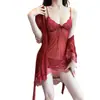 Estilo Europeo y Americano Lencería Sexy Talla Grande Traje Sexy de Tres Piezas con Falda de Tirantes de Encaje y Tul Camisón de Tirantes Qq