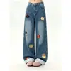 Pantalones de Mezclilla de Moda con Parches y Dobladillo Enrollado para Mujer, Diseño de Otoño con Cintura Alta y Bordado, Pantalones Casuales de Pierna Ancha
