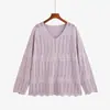 Top vintage hueco de punto con cuello en V para mujer de talla grande, estilo otoño 2026, suéter de punto con dobladillo de encaje de corte holgado para mujer de talla grande 25117