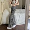 Calça Jeans Feminina Cinza Fumaça Outono Estilo Coreano 2024 Novo Design com Alça Calça Wide Leg Ins