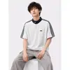Camisa polo a rayas estilo americano de corte ajustado y manga corta para hombre y mujer, camiseta de verano de peso pesado con cuello mao y media manga de color contrastante