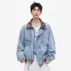 Chaqueta de Mezclilla con Cuello de Cuero Empalmado Desgastado Lavado para Hombre Chaqueta Pesada Holgada Chaqueta con Hombrera Juventud Americana