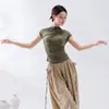 Nuevo conjunto de práctica de baile para mujer con cuello semi-alto, manga corta, top plisado, corte ajustado, adecuado para deportes, yoga y actuaciones