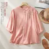 Camisa Bordada de Linho e Gaze Dupla Camada Verão Mãe Estilo Artístico Novo Cardigan Manga Curta Solto Meia-Manga Top Camisa Feminina