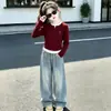Conjunto de Otoño para Niñas Nuevo Estilo Coreano Suéter de Punto Falso de Dos Piezas y Jeans de Pierna Ancha para Niños Mayores, Conjunto de Dos Piezas Casual y a la Moda