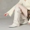 Botas Largas de Estilo Coreano con Hebilla Cuadrada para Mujer, Aumento de Altura Oculto, Botas Apiladas Arrugadas, Adelgazantes, Aumento de Altura, Botas de Pantalón Desmontables de Punta Cuadrada