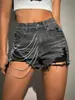 Verano 2025 Exportación Transfronteriza Shorts de Mezclilla Azul Claro de Alta Calidad para Mujer Pantalones Cortos de Tres Puntos Sexy Callejero Europeo y Americano con Cadena